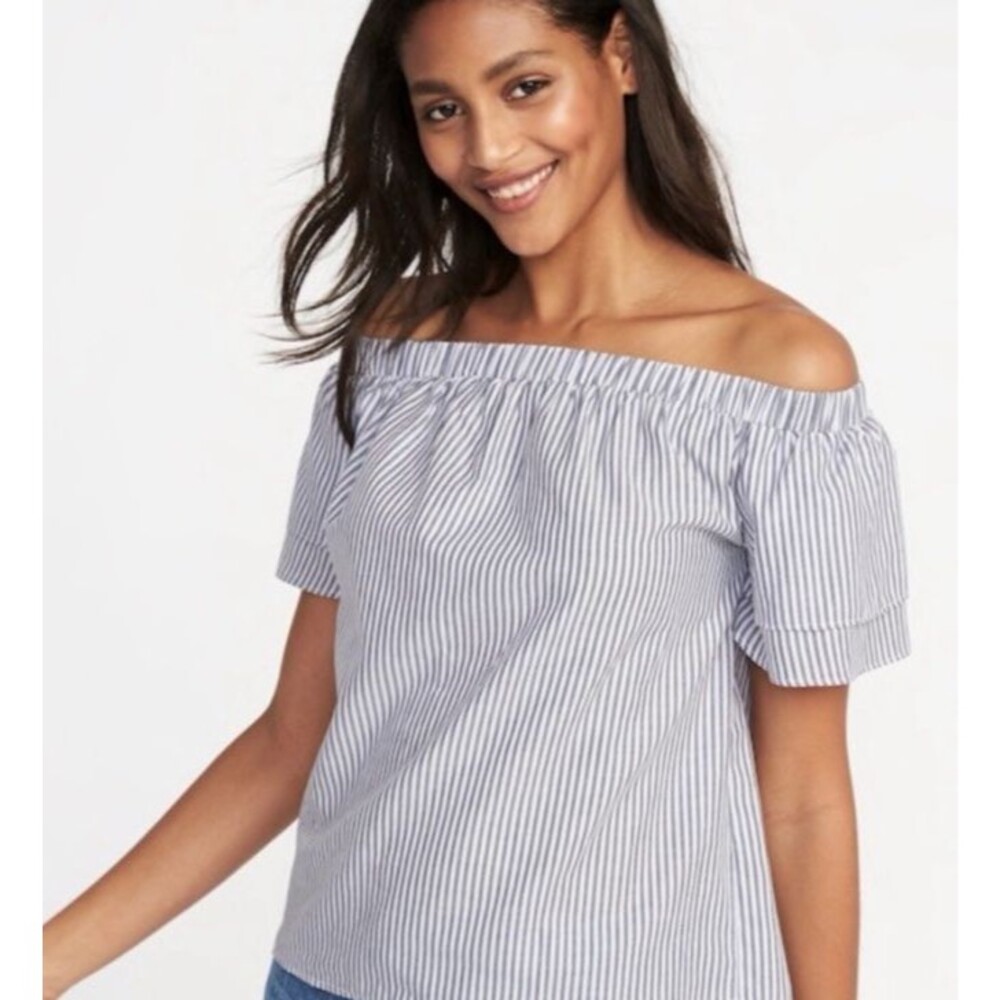 Old Navy Women's 1X Blue White Striped Off Shoulder Cotton Top Coastal Boho - Picture 1 of 15